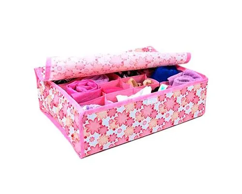 16 Pockets Collapsible Fabric Flower Underwear Storage Box - Pink