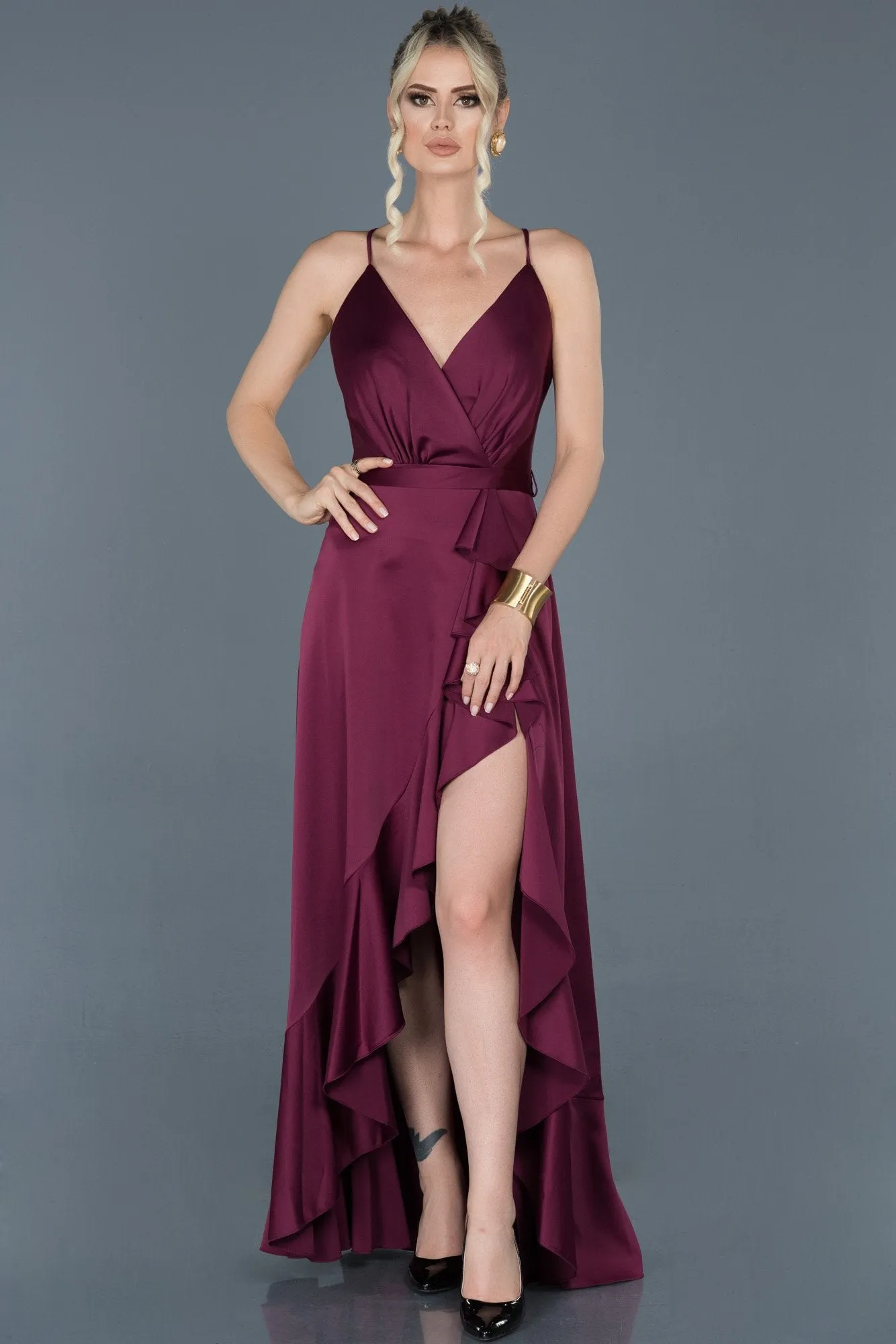 16030 Dark Plum Ruffle Slit Satin Dress