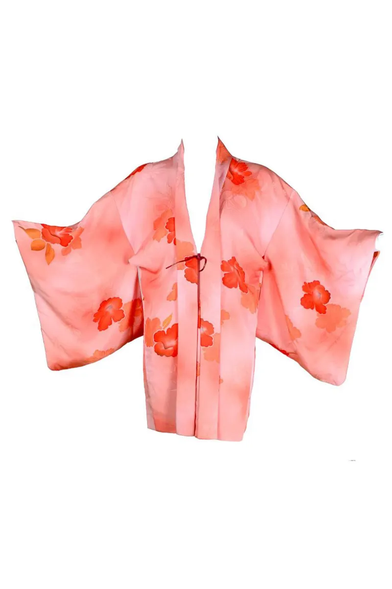 1930's Haori Kimono Orange Hibiscus Flower Print On Peach Silk