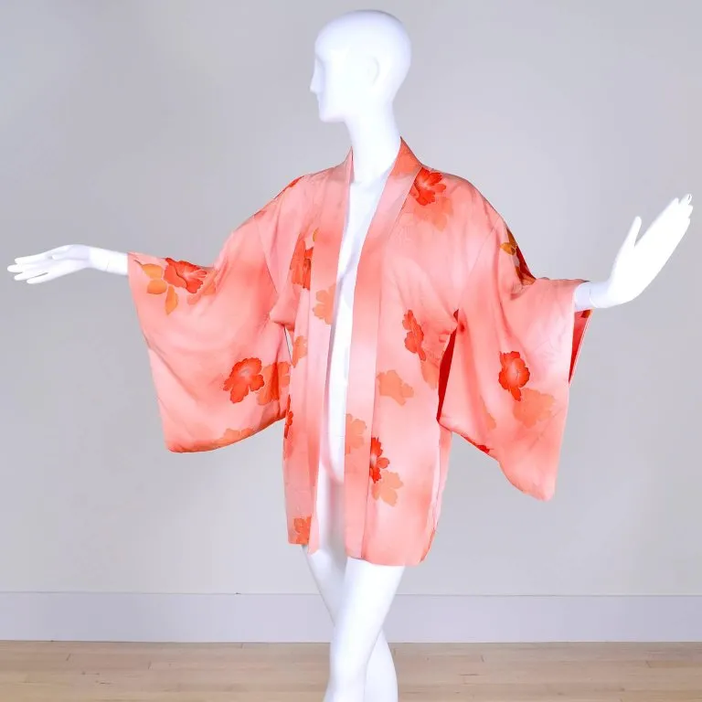 1930's Haori Kimono Orange Hibiscus Flower Print On Peach Silk