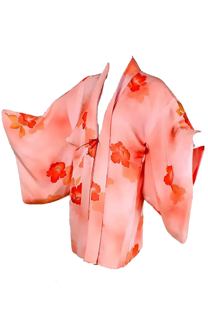 1930's Haori Kimono Orange Hibiscus Flower Print On Peach Silk