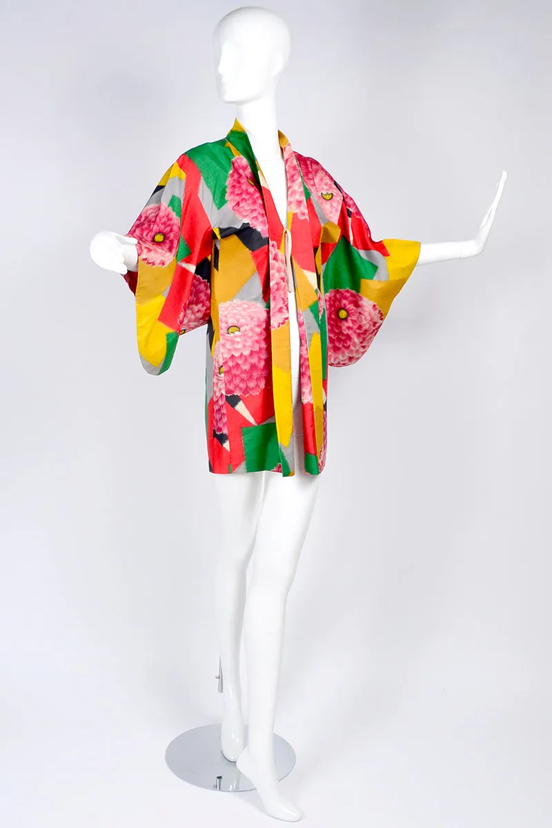 1930's Japanese Haori Silk Kimono Jacket Bold Zinnia & Patchwork Print