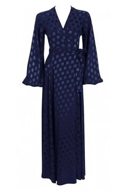 1972 Ossie Clark for Quorum Navy Deco Print Satin Backless Billow-Sleeve Gown