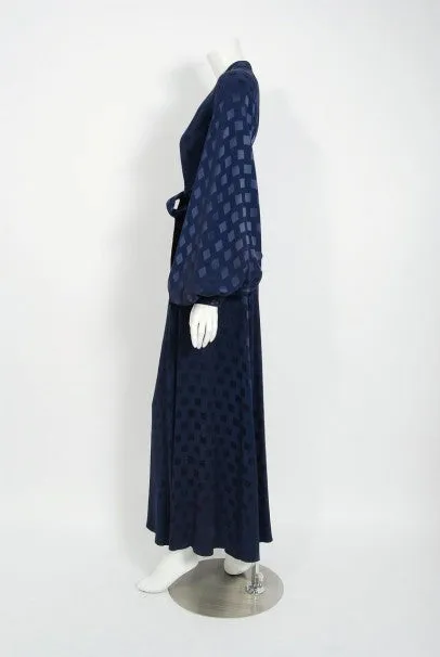 1972 Ossie Clark for Quorum Navy Deco Print Satin Backless Billow-Sleeve Gown