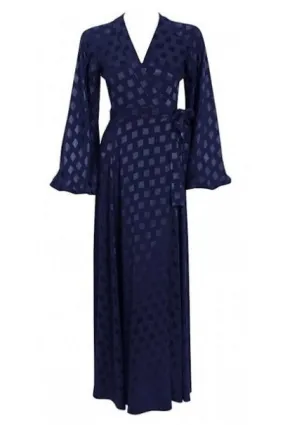 1972 Ossie Clark for Quorum Navy Deco Print Satin Backless Billow-Sleeve Gown