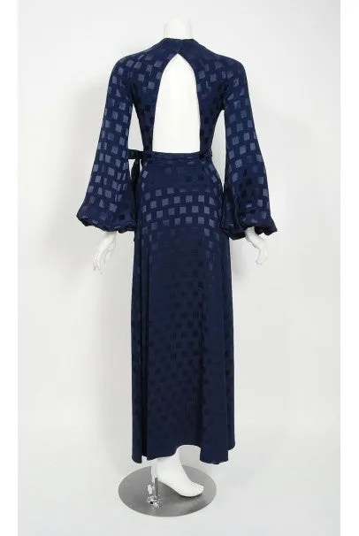 1972 Ossie Clark for Quorum Navy Deco Print Satin Backless Billow-Sleeve Gown