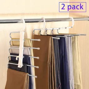 2 Pack Adjustable Multi-Layer 5 in 1 Pants Hanger for Wardrobe and Home Storage - White