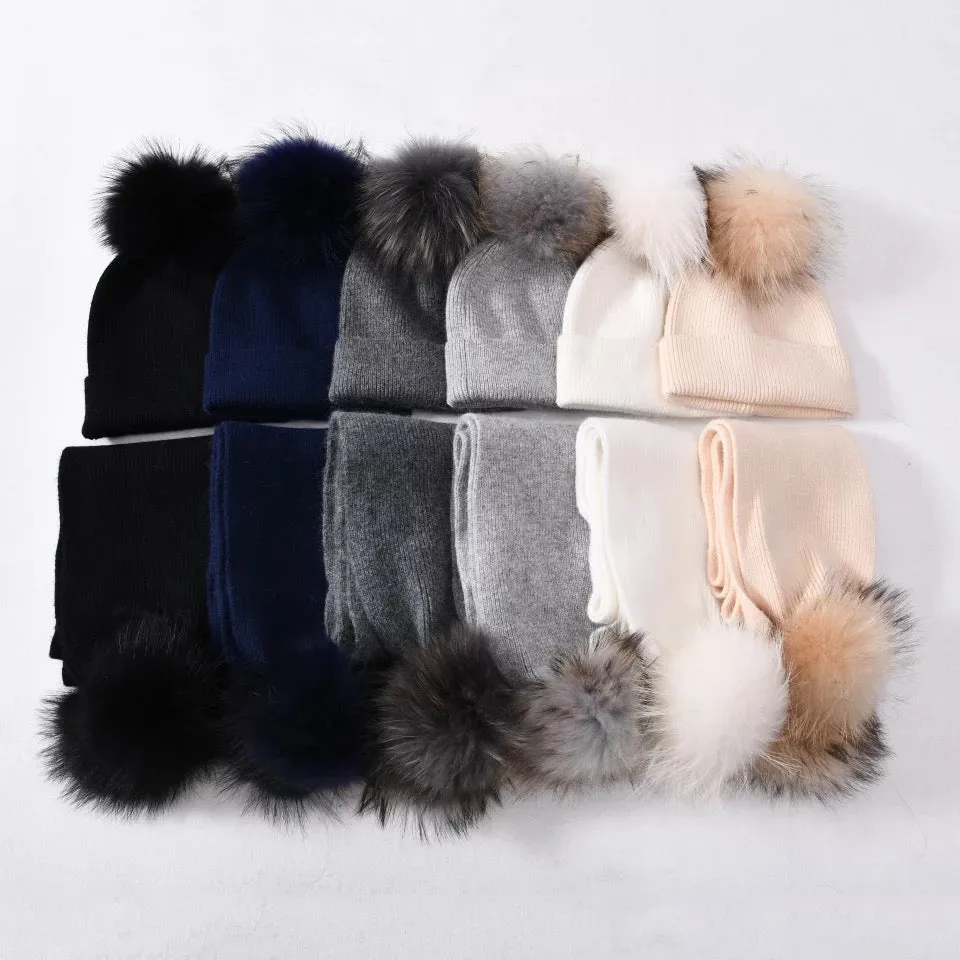 2 Piece Pom-Pom Beanie & Cashmere Fur Scarf Set