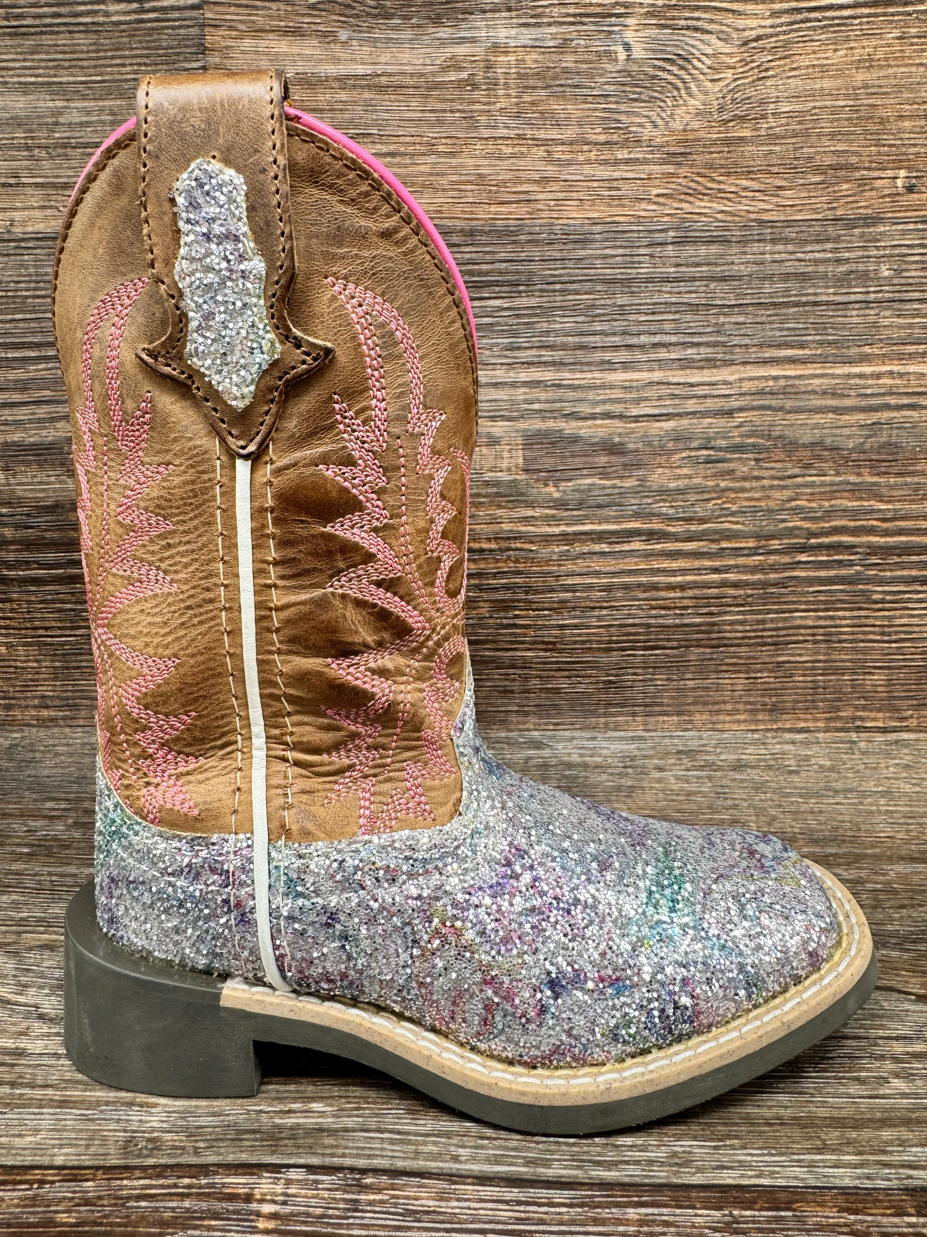 3250 Girl's Ariel Pastel Glitter Square Toe Western Boot by Smoky Mountain