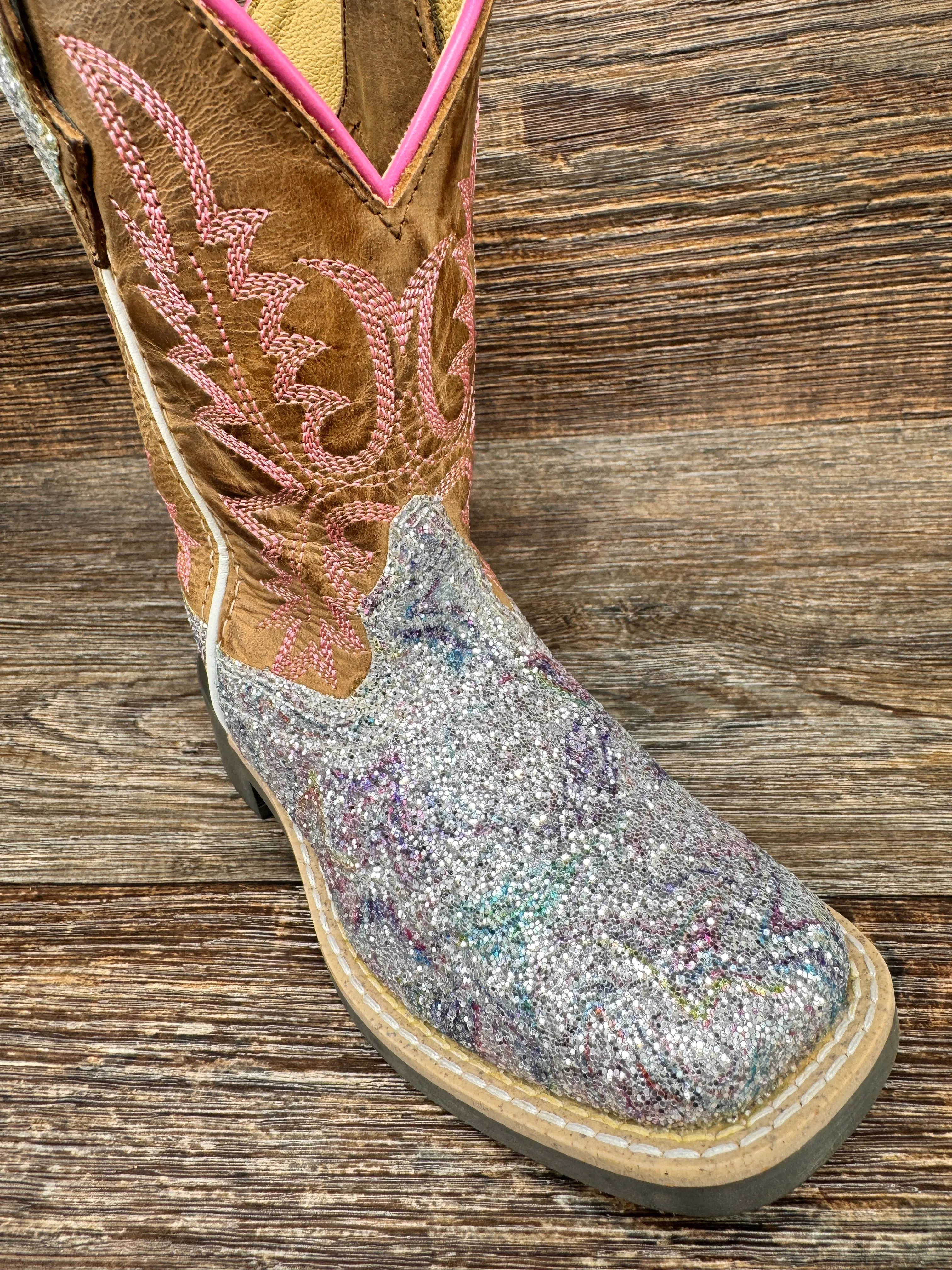 3250 Girl's Ariel Pastel Glitter Square Toe Western Boot by Smoky Mountain