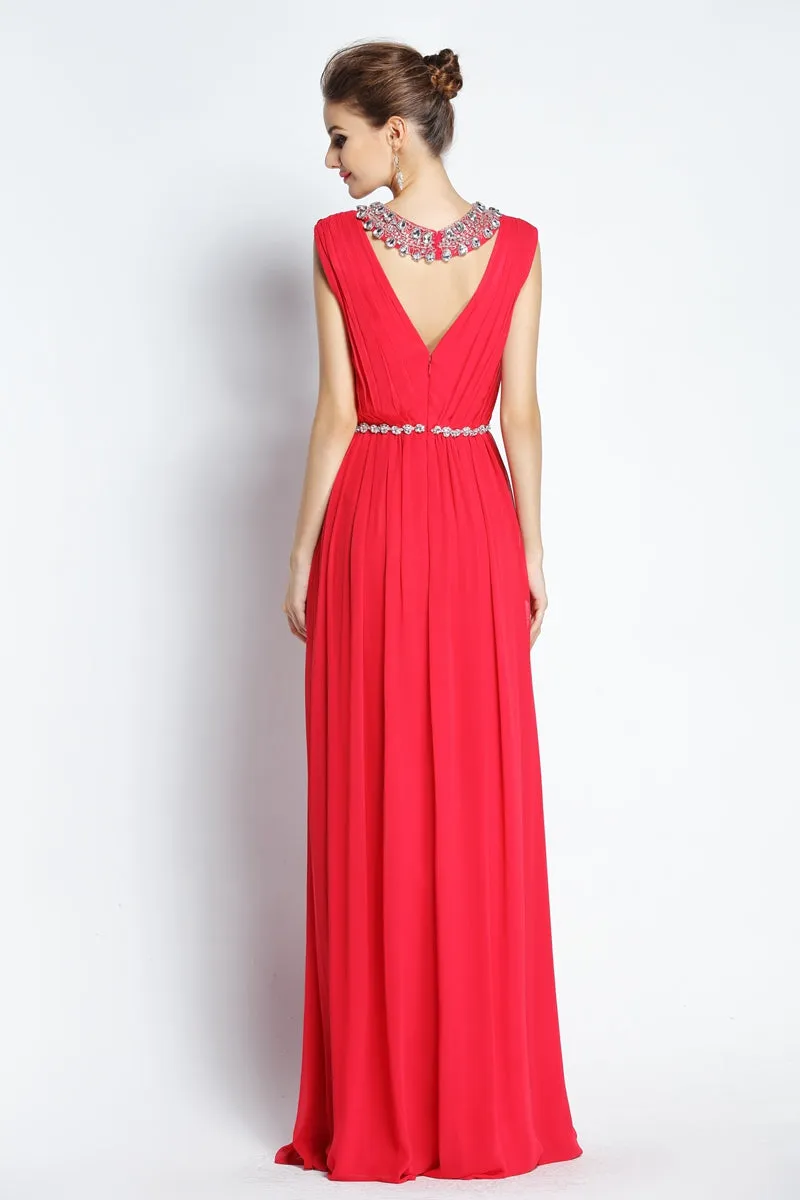 A-Line Floor-length Jewel Chiffon Sleeveless Prom Dress with Beading and Ruching-334084