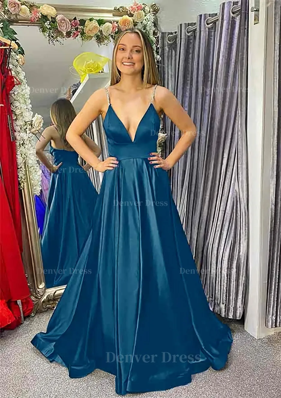 A-line V Neck Sleeveless Satin Sweep Train Prom Dress With Beading