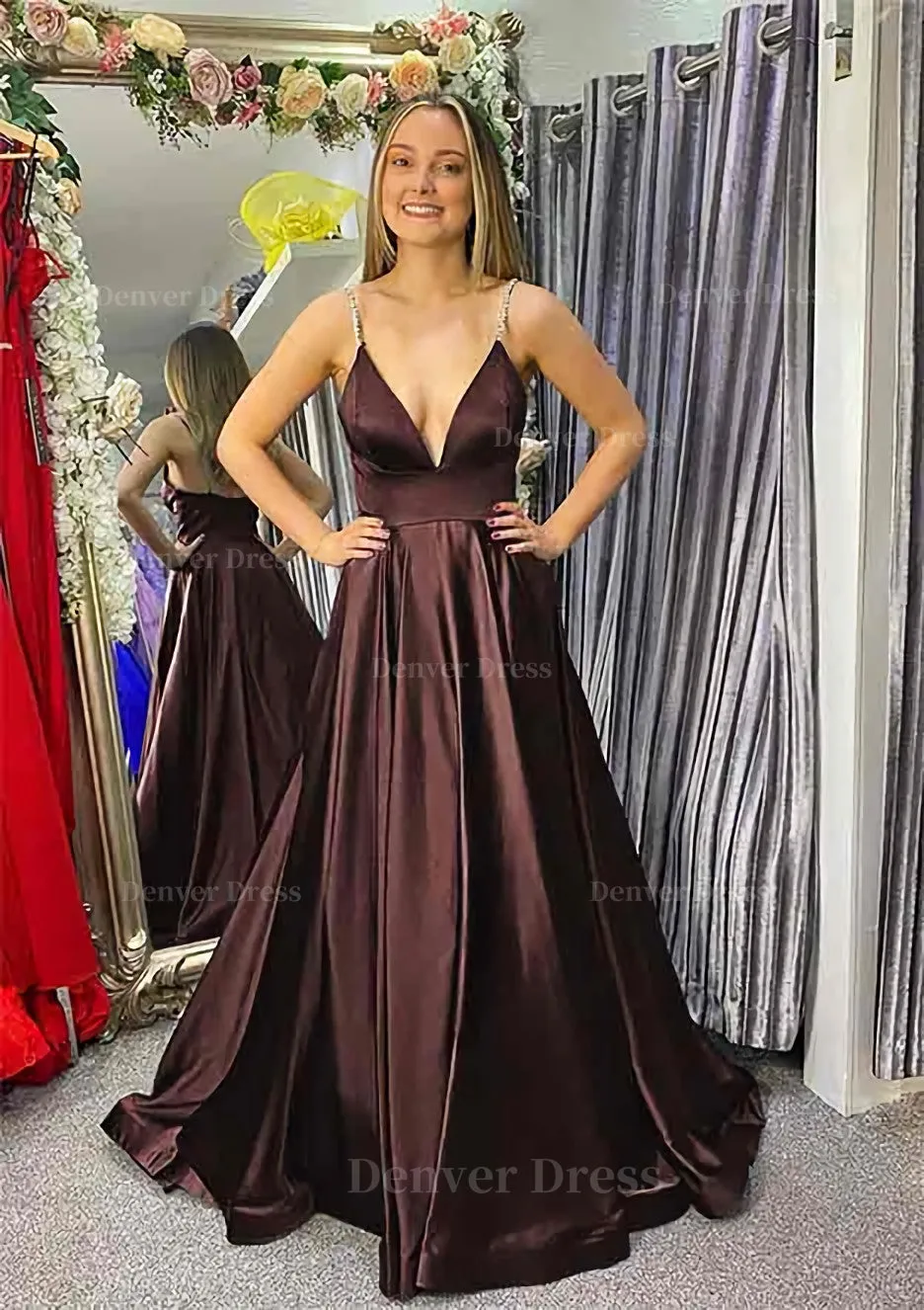 A-line V Neck Sleeveless Satin Sweep Train Prom Dress With Beading