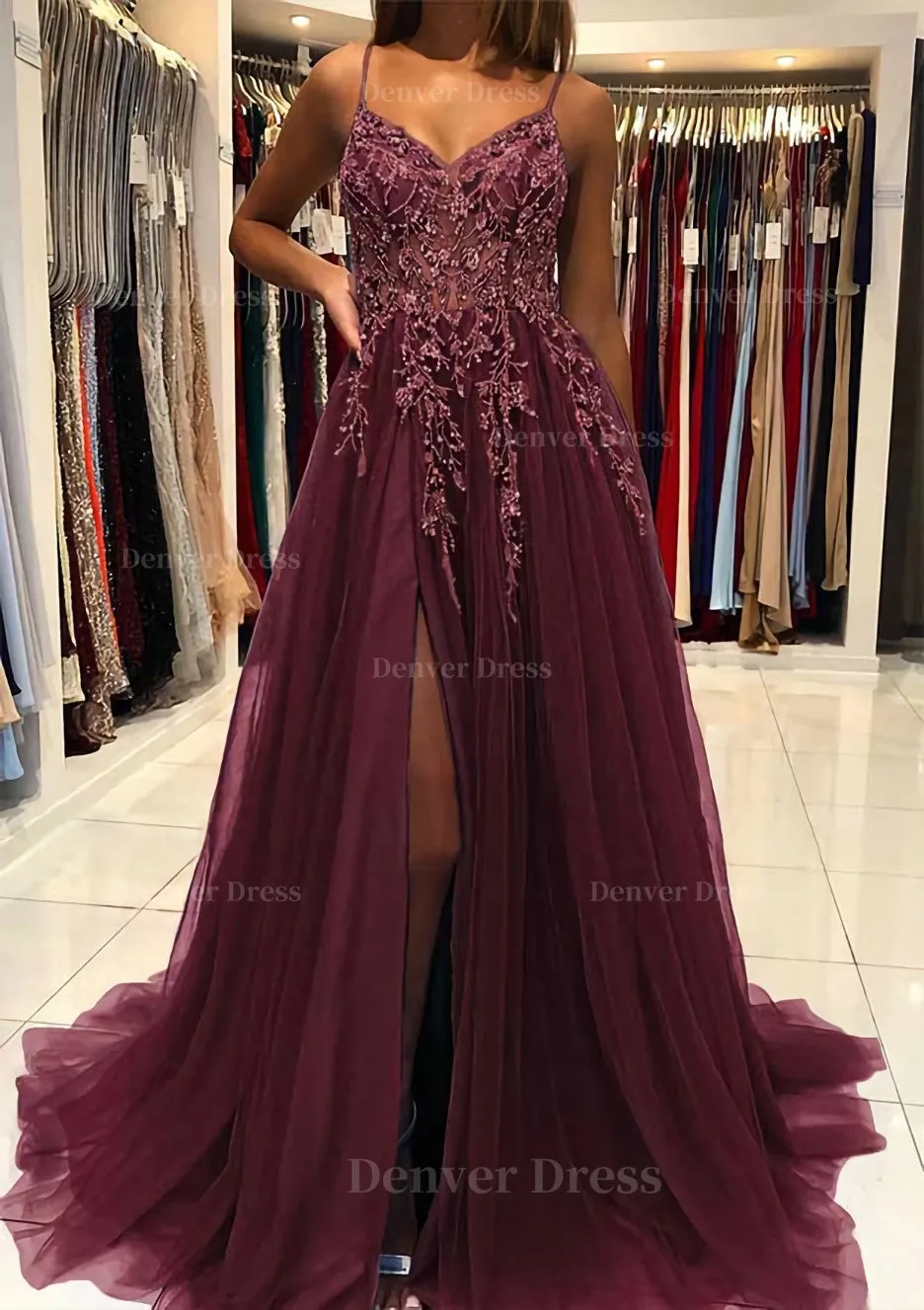 A-line V Neck Spaghetti Straps Sweep Train Tulle Prom Dress With Beading Sequins Split