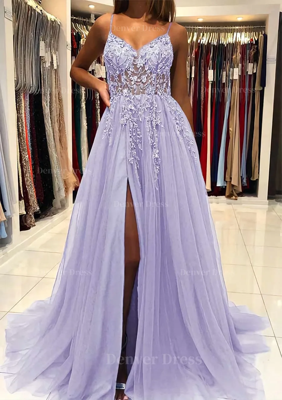 A-line V Neck Spaghetti Straps Sweep Train Tulle Prom Dress With Beading Sequins Split