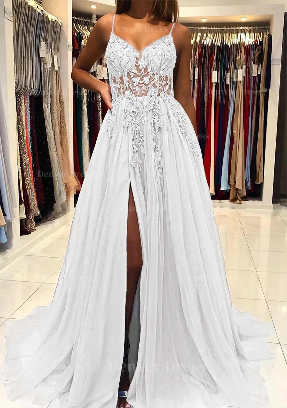 A-line V Neck Spaghetti Straps Sweep Train Tulle Prom Dress With Beading Sequins Split