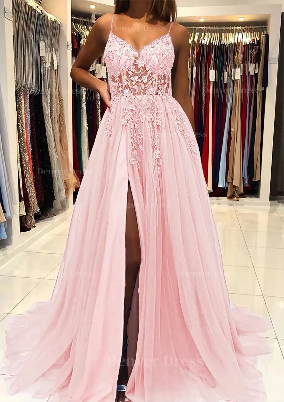 A-line V Neck Spaghetti Straps Sweep Train Tulle Prom Dress With Beading Sequins Split