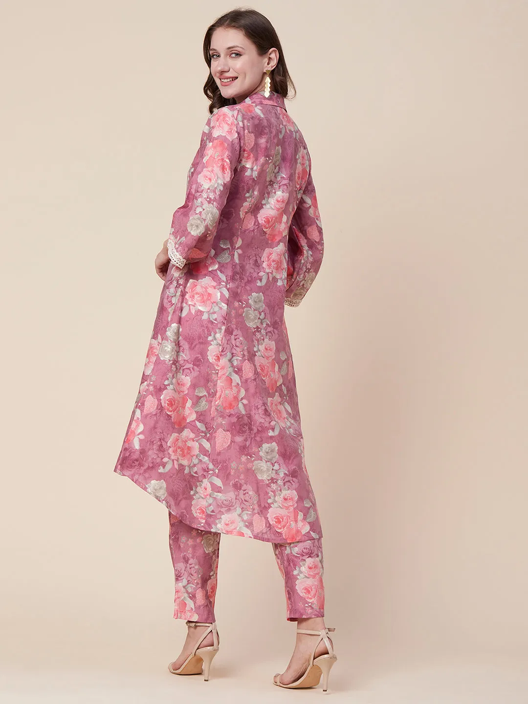 Abstract Floral Foil Printed A-Line Paneled Kurta with Pant - Mauve