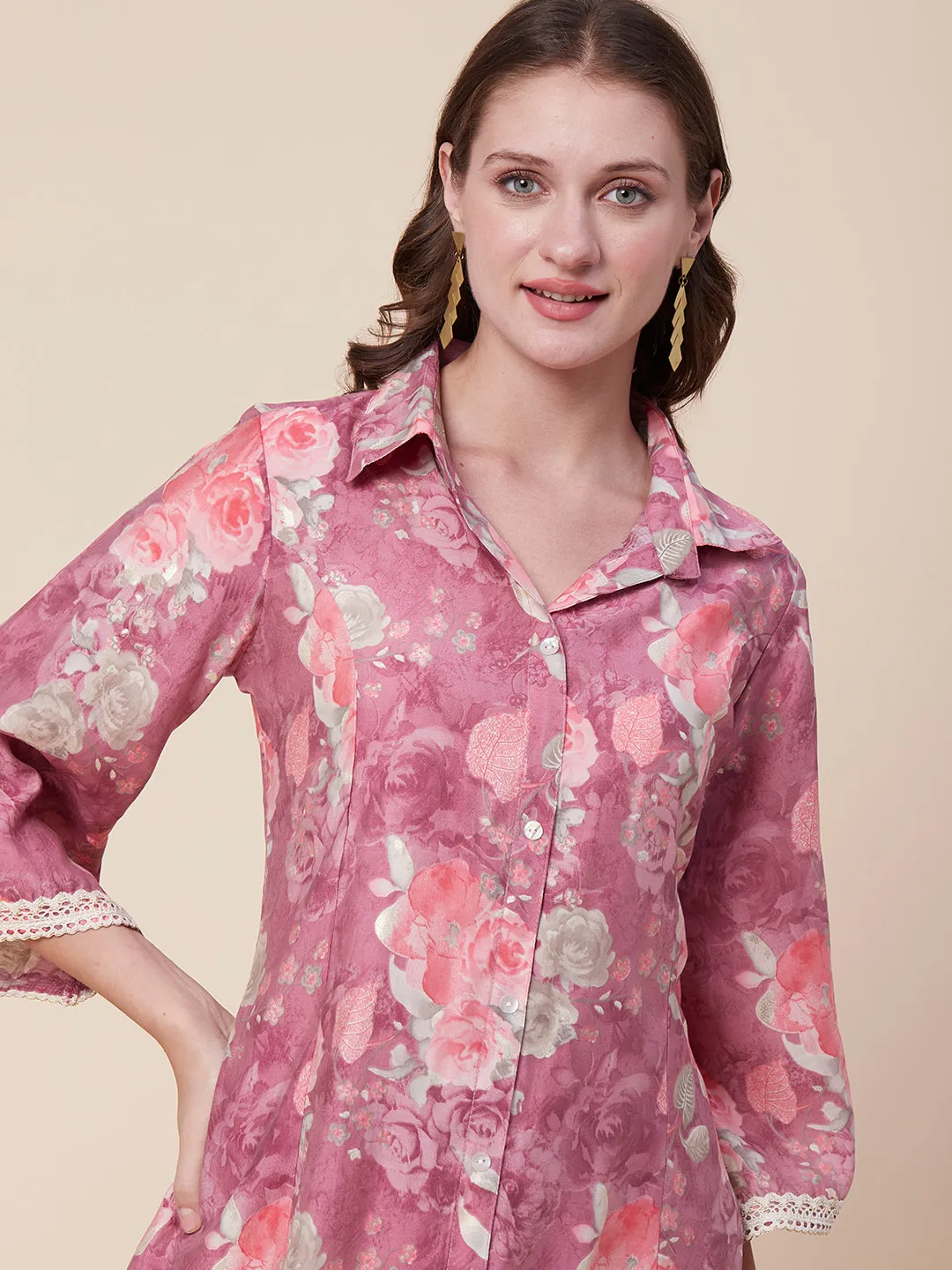 Abstract Floral Foil Printed A-Line Paneled Kurta with Pant - Mauve