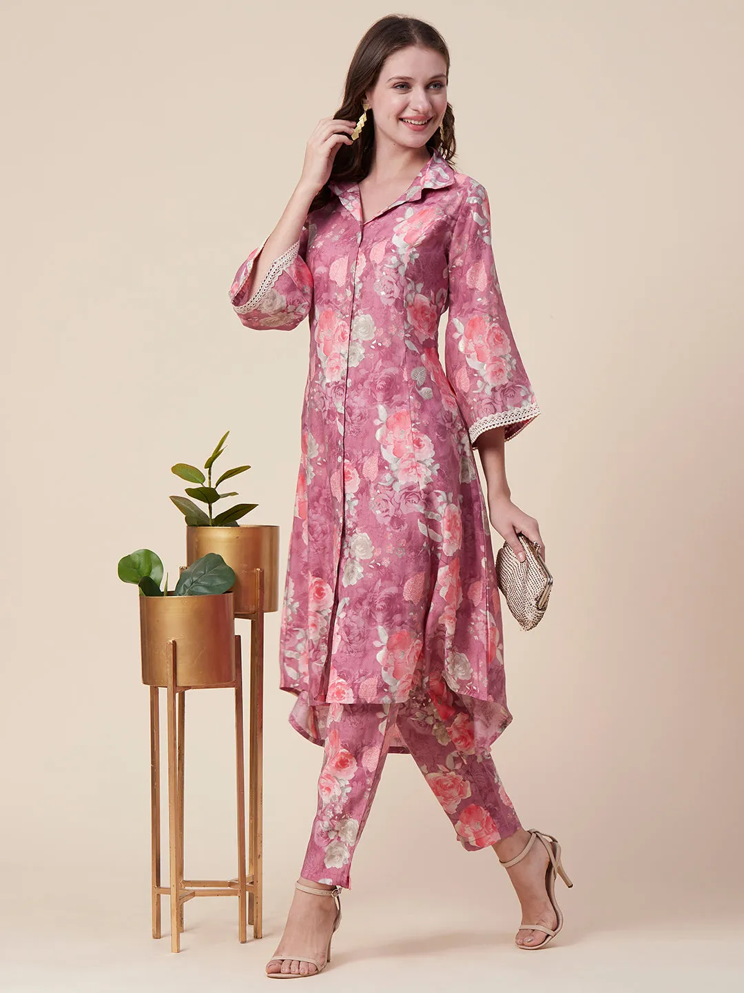 Abstract Floral Foil Printed A-Line Paneled Kurta with Pant - Mauve