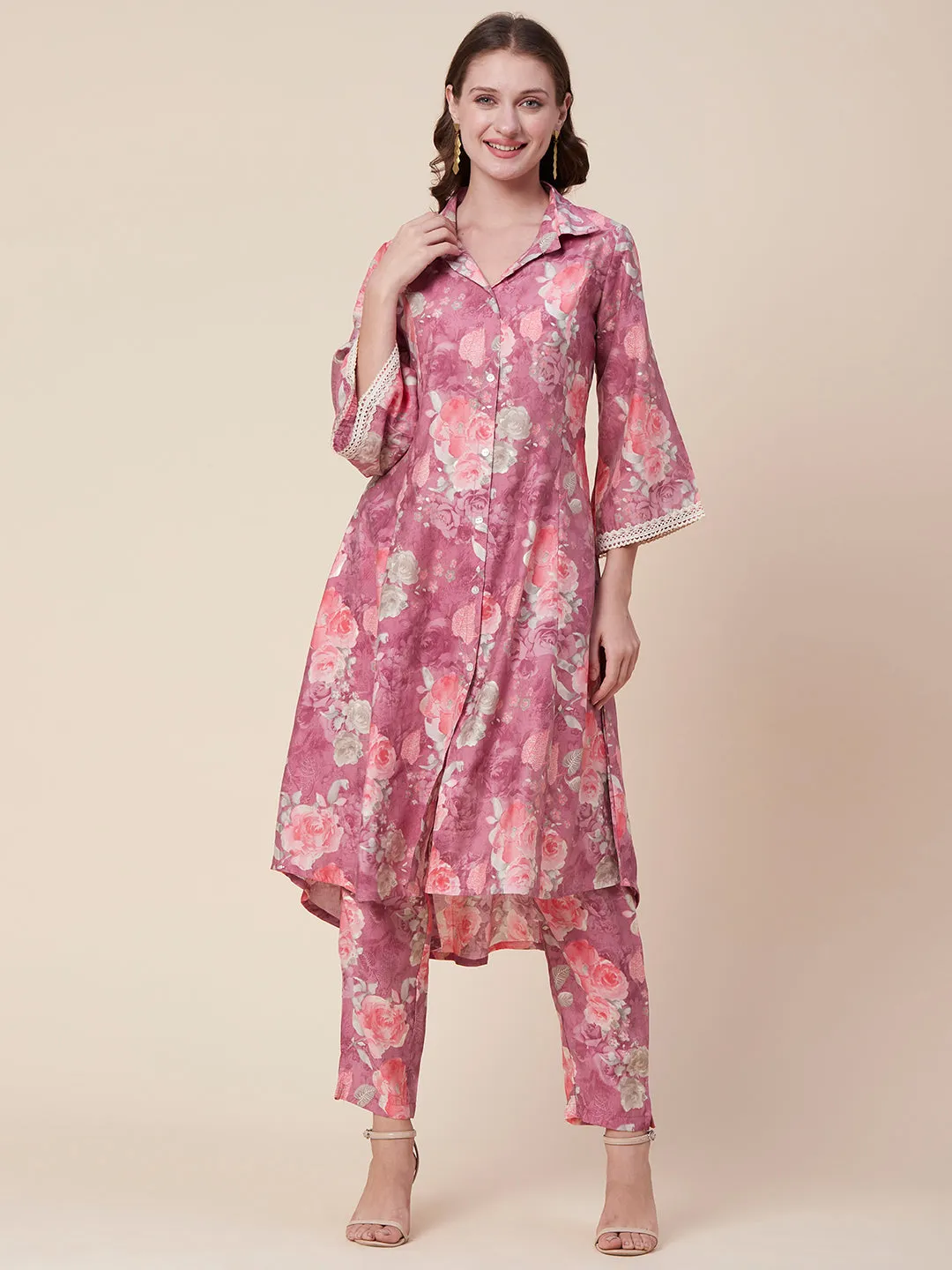 Abstract Floral Foil Printed A-Line Paneled Kurta with Pant - Mauve