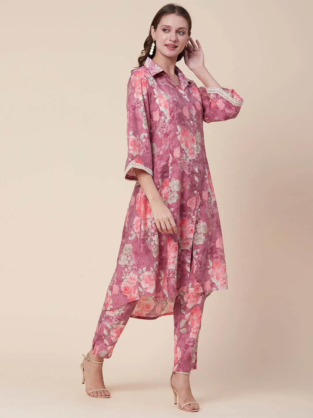 Abstract Floral Foil Printed A-Line Paneled Kurta with Pant - Mauve