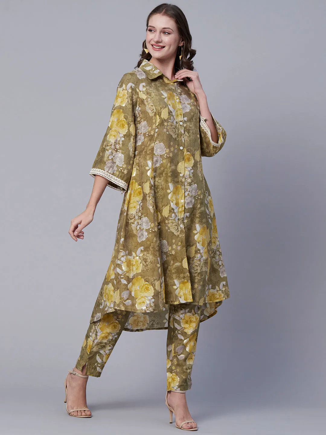 Abstract Floral Foil Printed A-Line Paneled Kurta with Pant - Olive