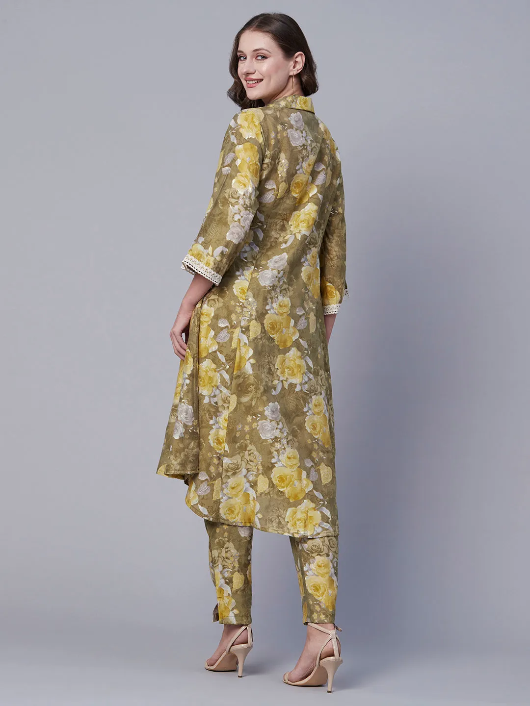 Abstract Floral Foil Printed A-Line Paneled Kurta with Pant - Olive