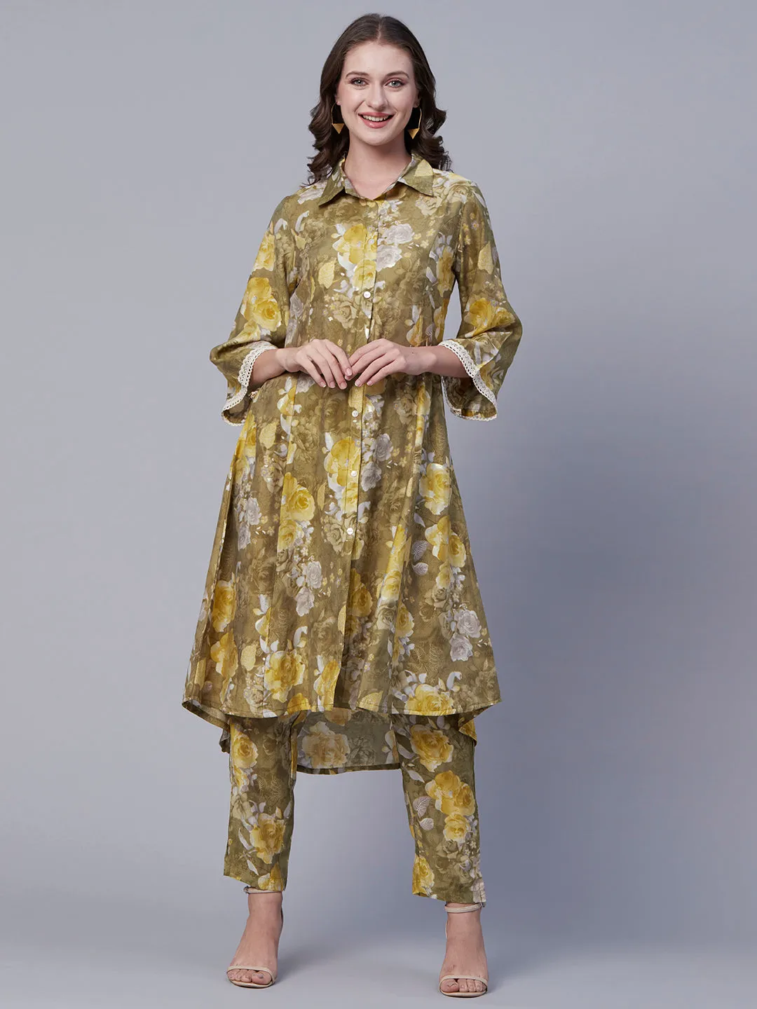 Abstract Floral Foil Printed A-Line Paneled Kurta with Pant - Olive