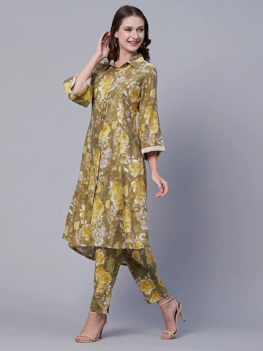 Abstract Floral Foil Printed A-Line Paneled Kurta with Pant - Olive