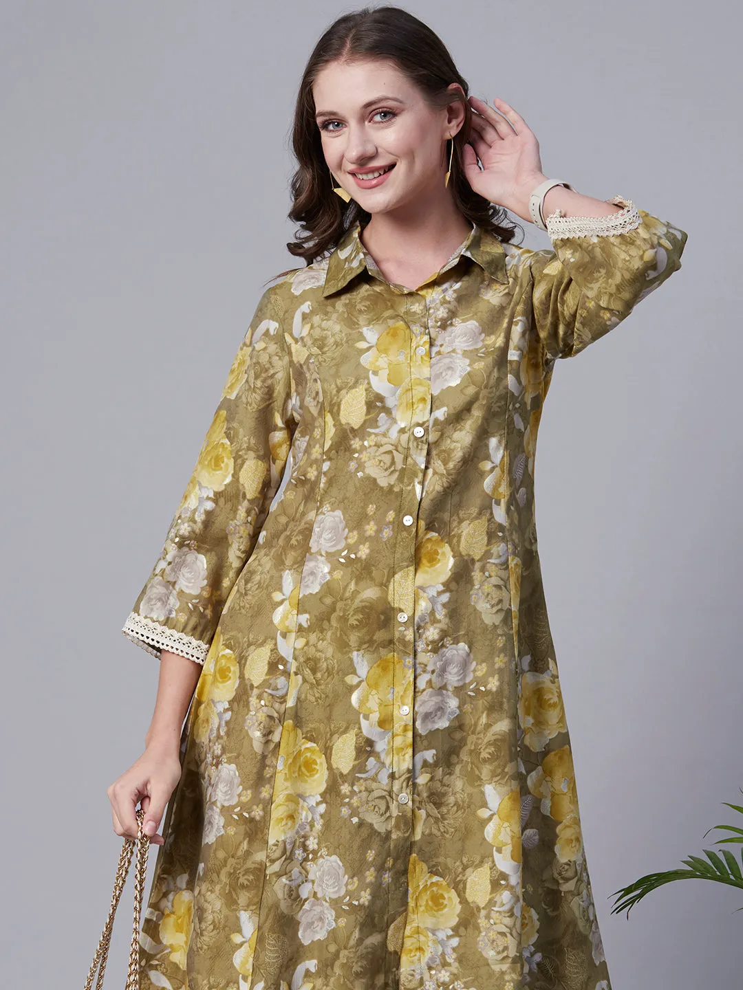 Abstract Floral Foil Printed A-Line Paneled Kurta with Pant - Olive