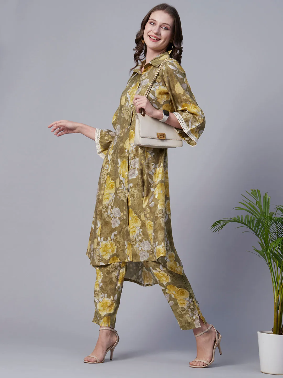 Abstract Floral Foil Printed A-Line Paneled Kurta with Pant - Olive