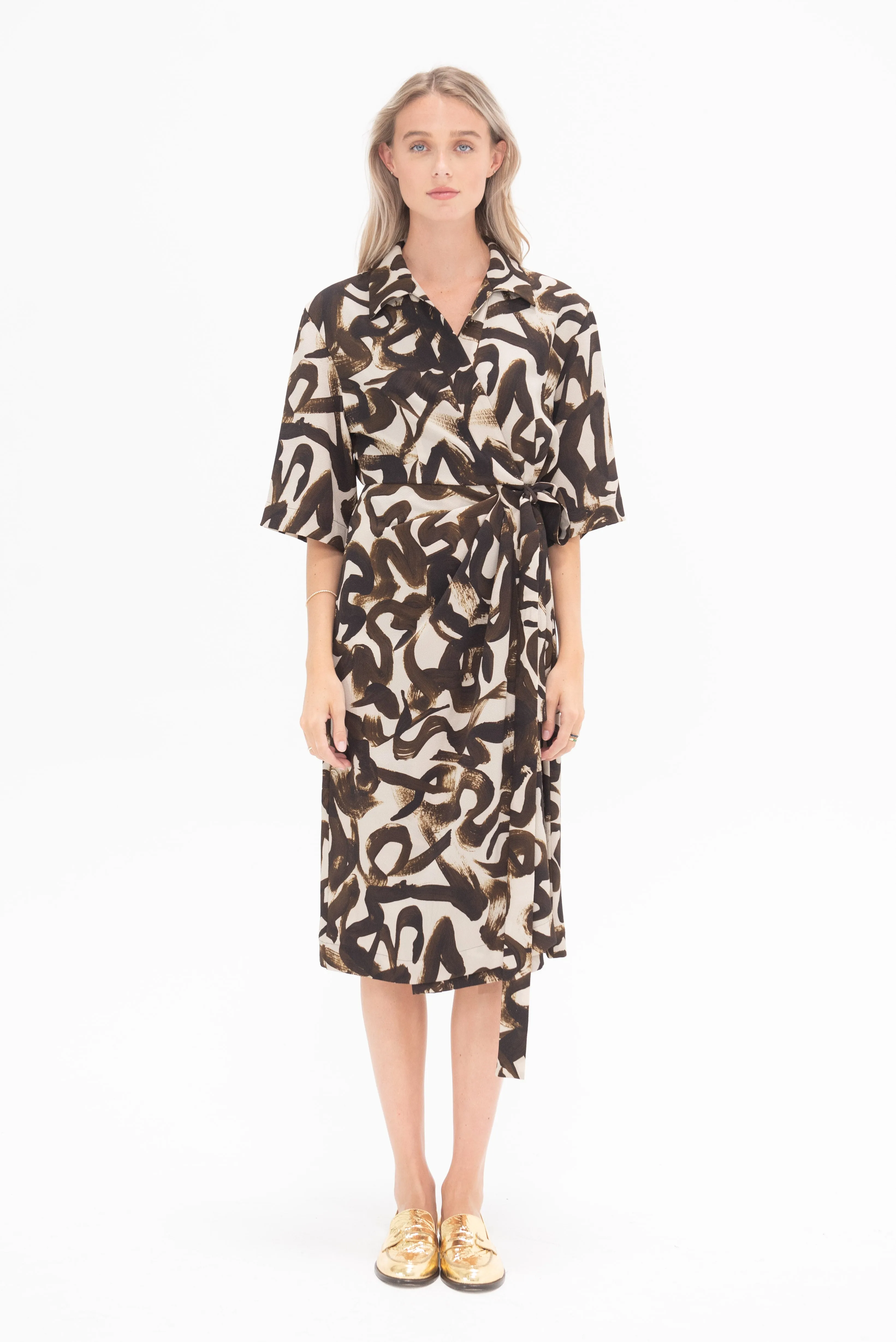 Abstract Wrap Dress, Brown