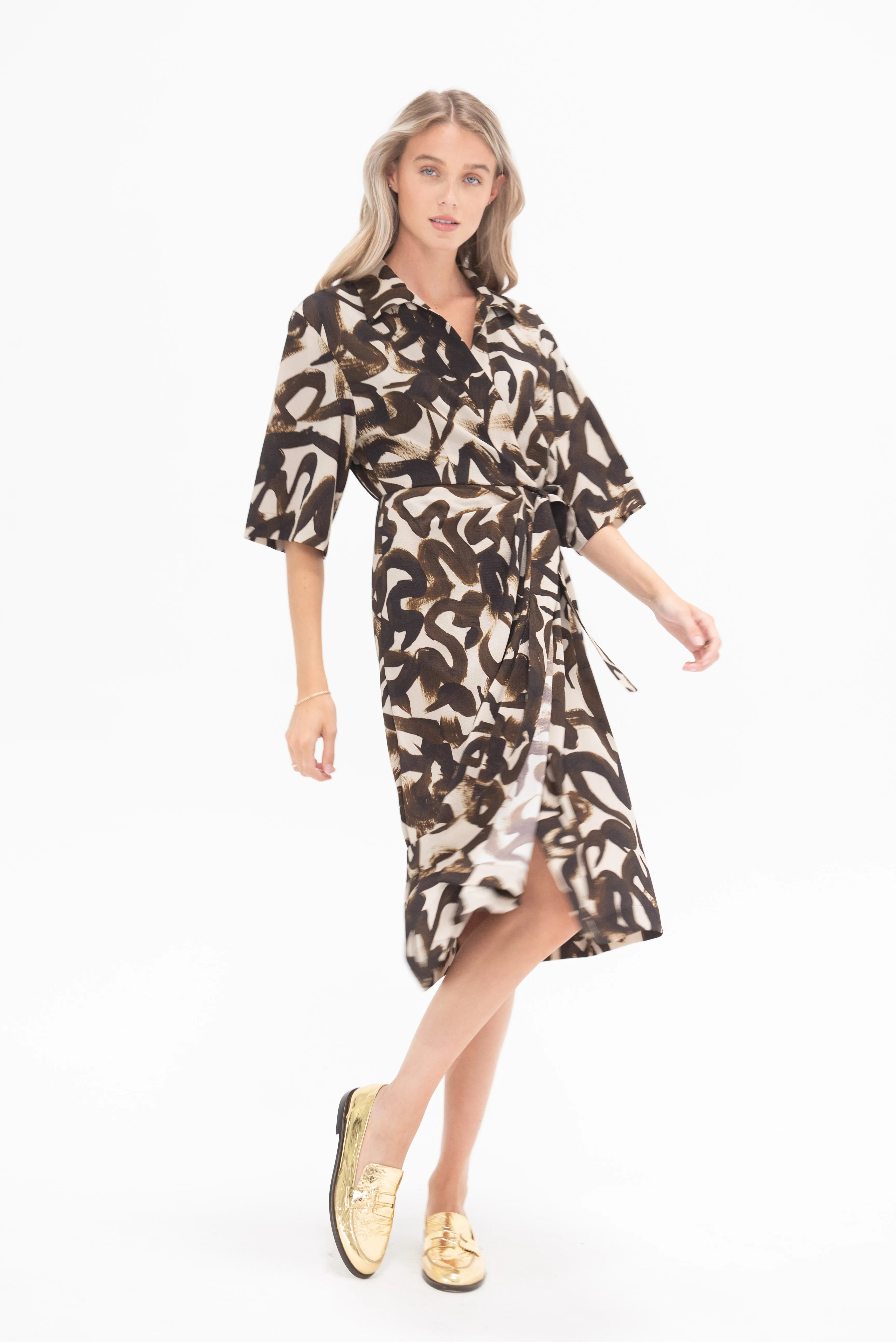 Abstract Wrap Dress, Brown