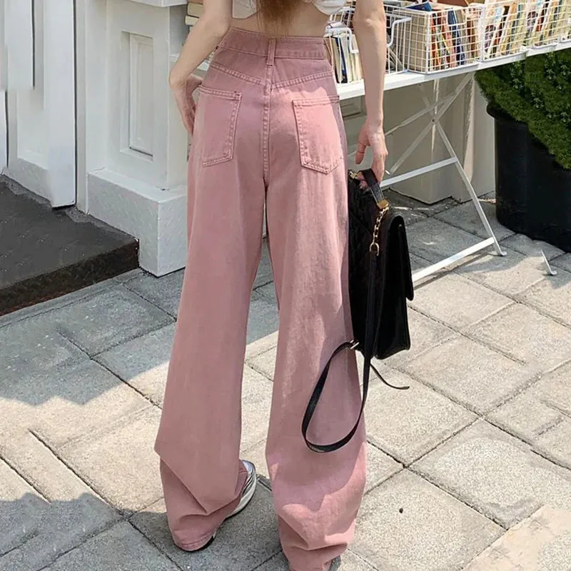 Advbridge - 2024 Harajuku Loose Pink Jeans Women Streetwear High Waist Wide Leg Pants Woman Simple Baggy Straight Trousers Female