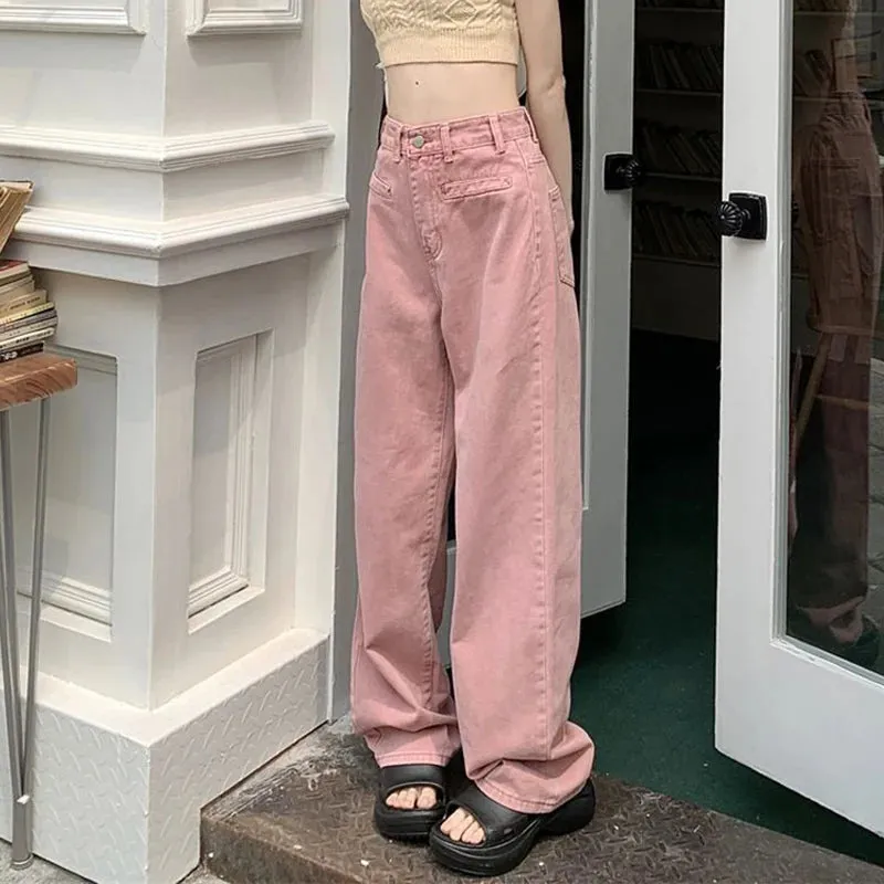 Advbridge - 2024 Harajuku Loose Pink Jeans Women Streetwear High Waist Wide Leg Pants Woman Simple Baggy Straight Trousers Female