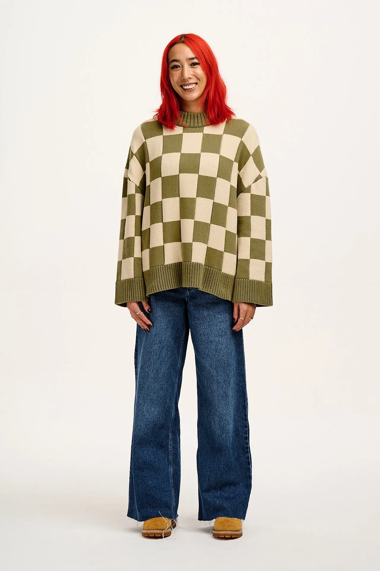 Amari - Oversized Knitted Jumper in Green Checkerboard