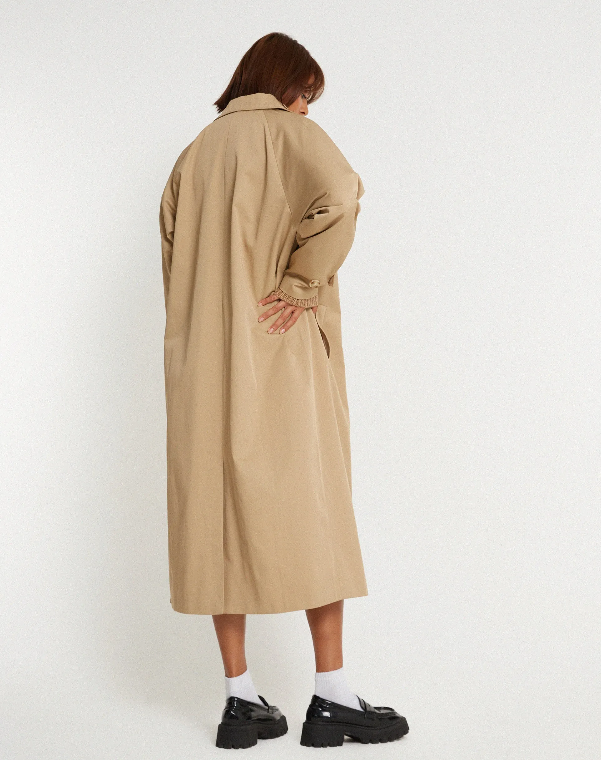 Assa Trench Coat in Tan with Stripe Lining