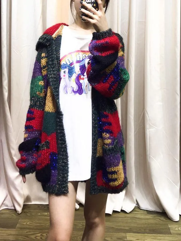 Autumn And Winter Colorful Knit Cardigan Lazy Wind Hooded Coat