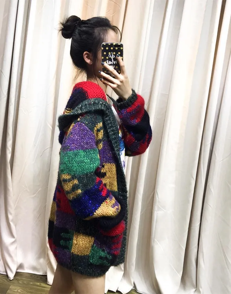 Autumn And Winter Colorful Knit Cardigan Lazy Wind Hooded Coat