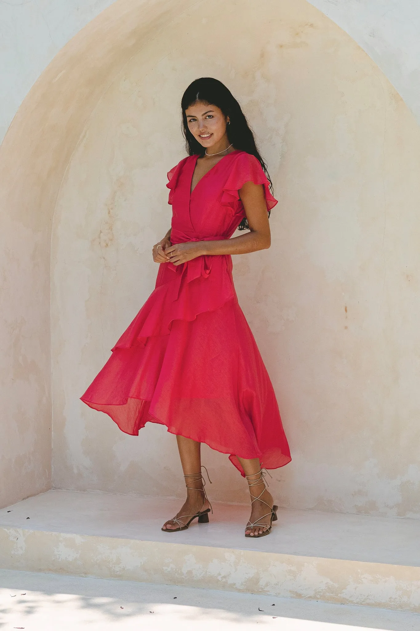 Azalea Watermelon Red Tiered Ruffle Midi Dress