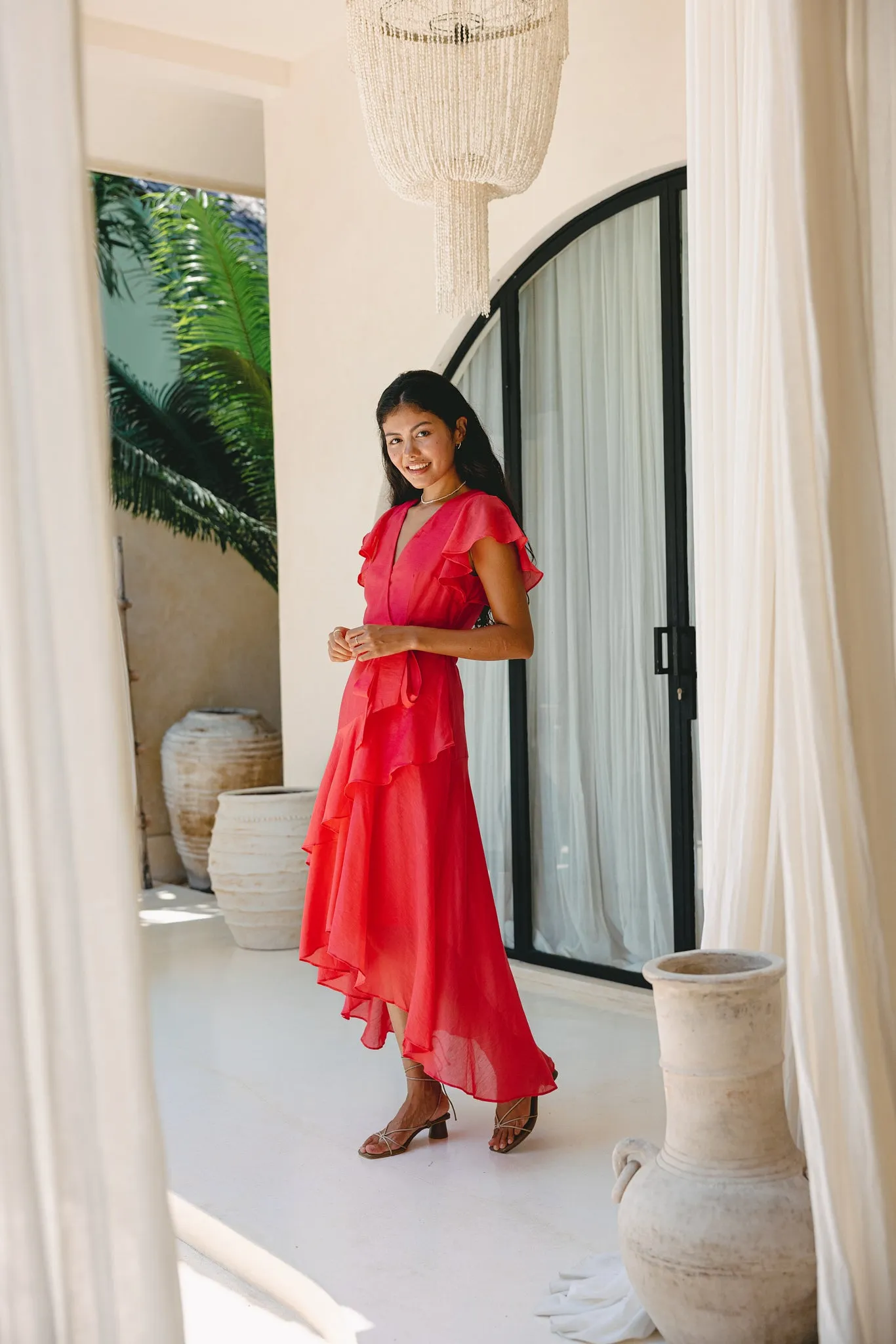 Azalea Watermelon Red Tiered Ruffle Midi Dress