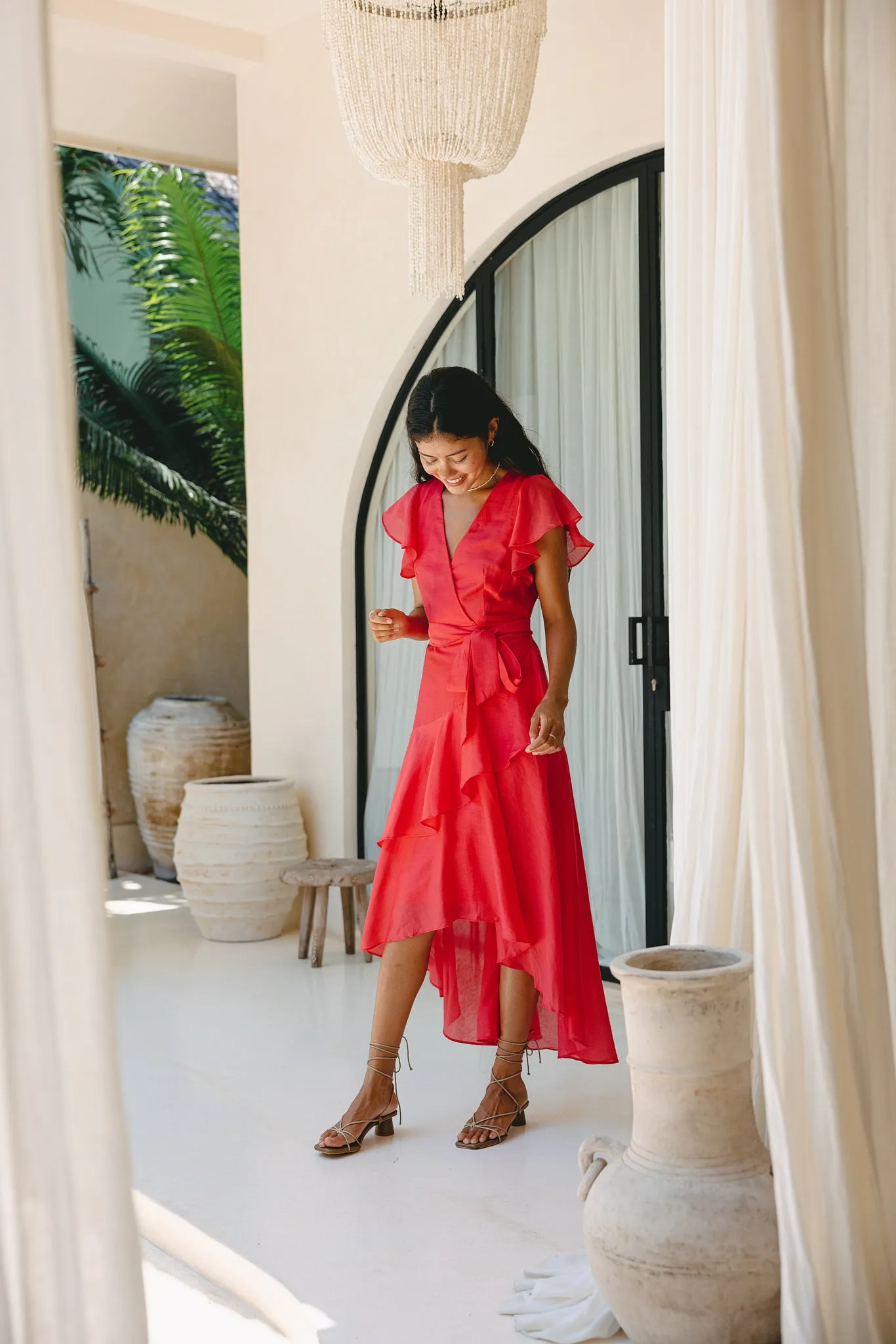 Azalea Watermelon Red Tiered Ruffle Midi Dress