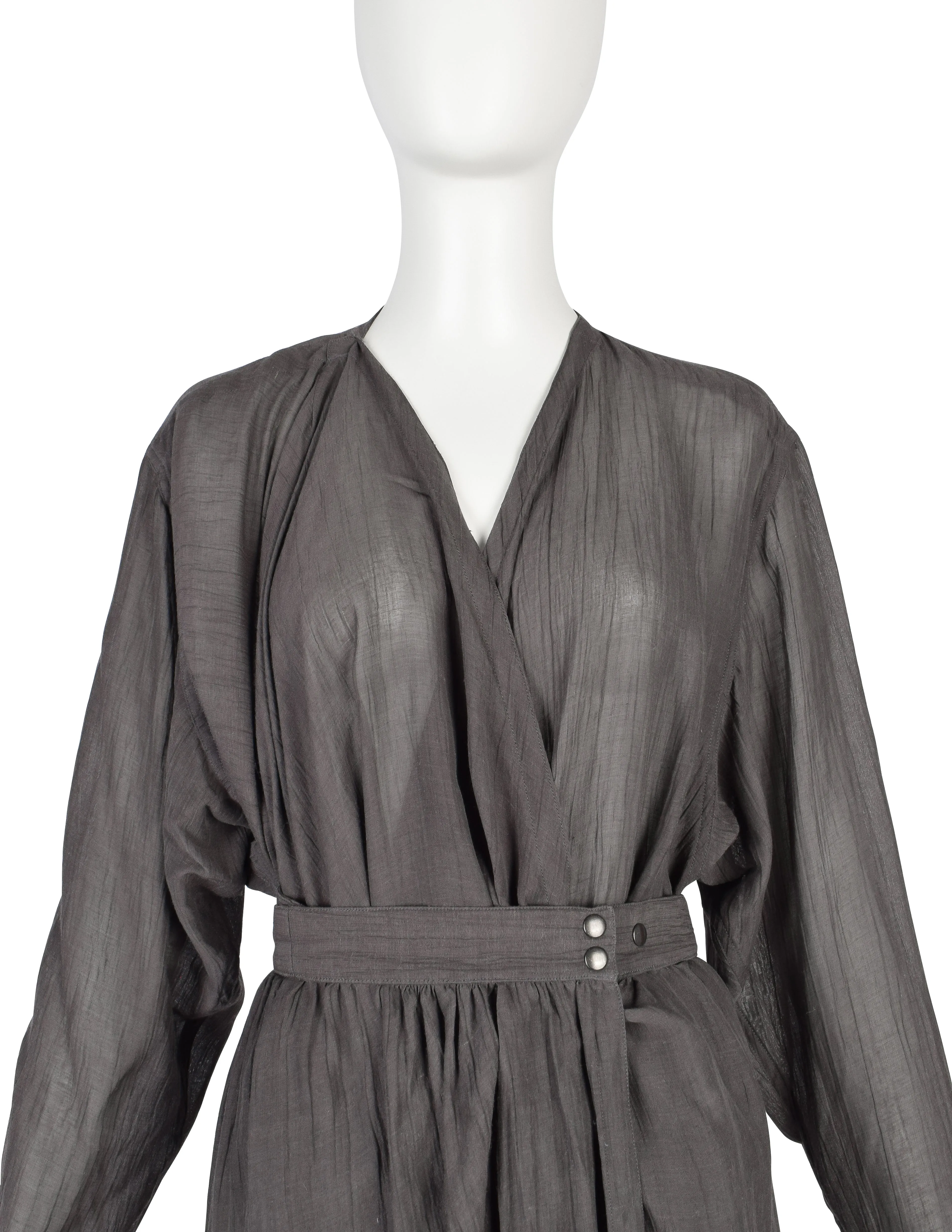 Azzedine Alaia Vintage SS 1984 Slate Grey Semi-Sheer Gauze Wrap Dress