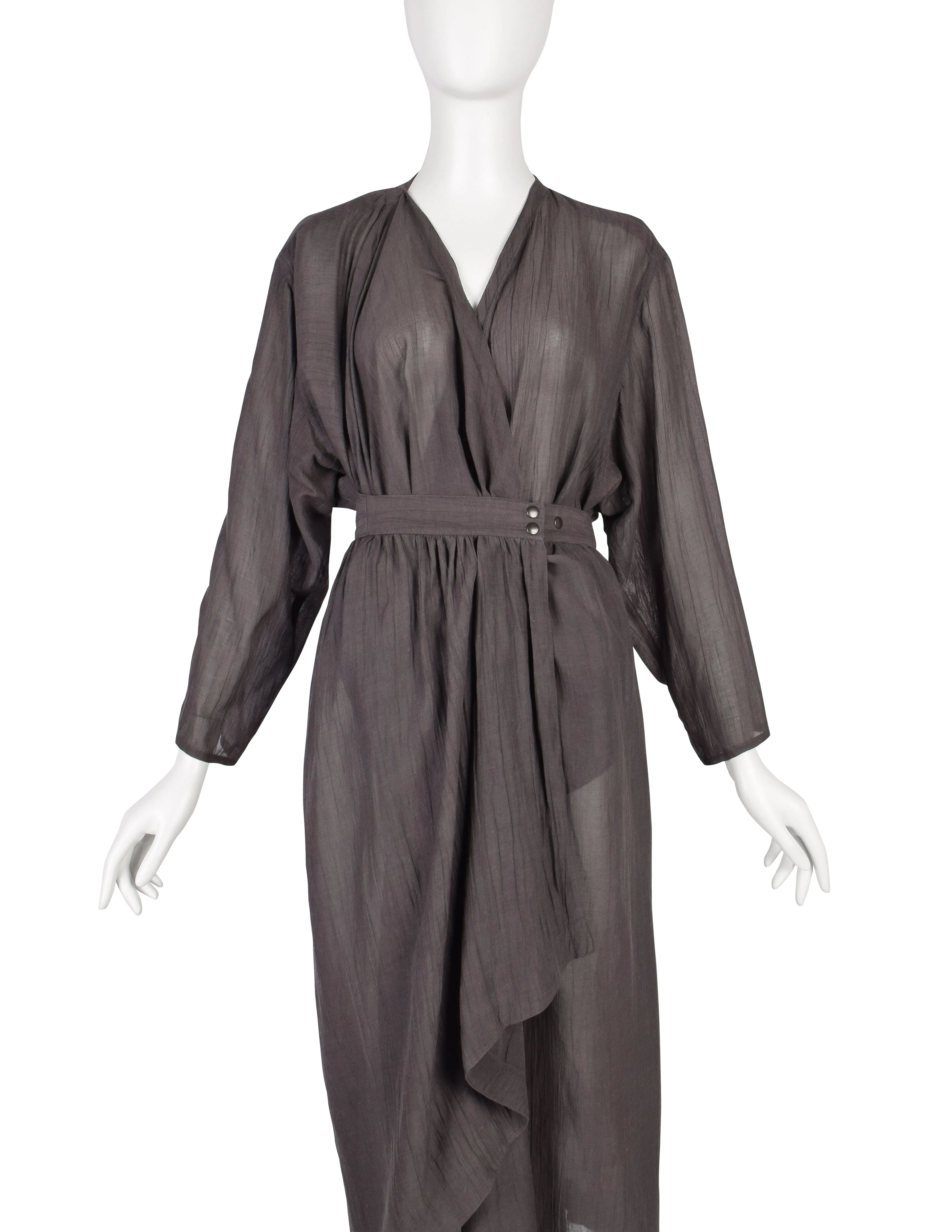 Azzedine Alaia Vintage SS 1984 Slate Grey Semi-Sheer Gauze Wrap Dress