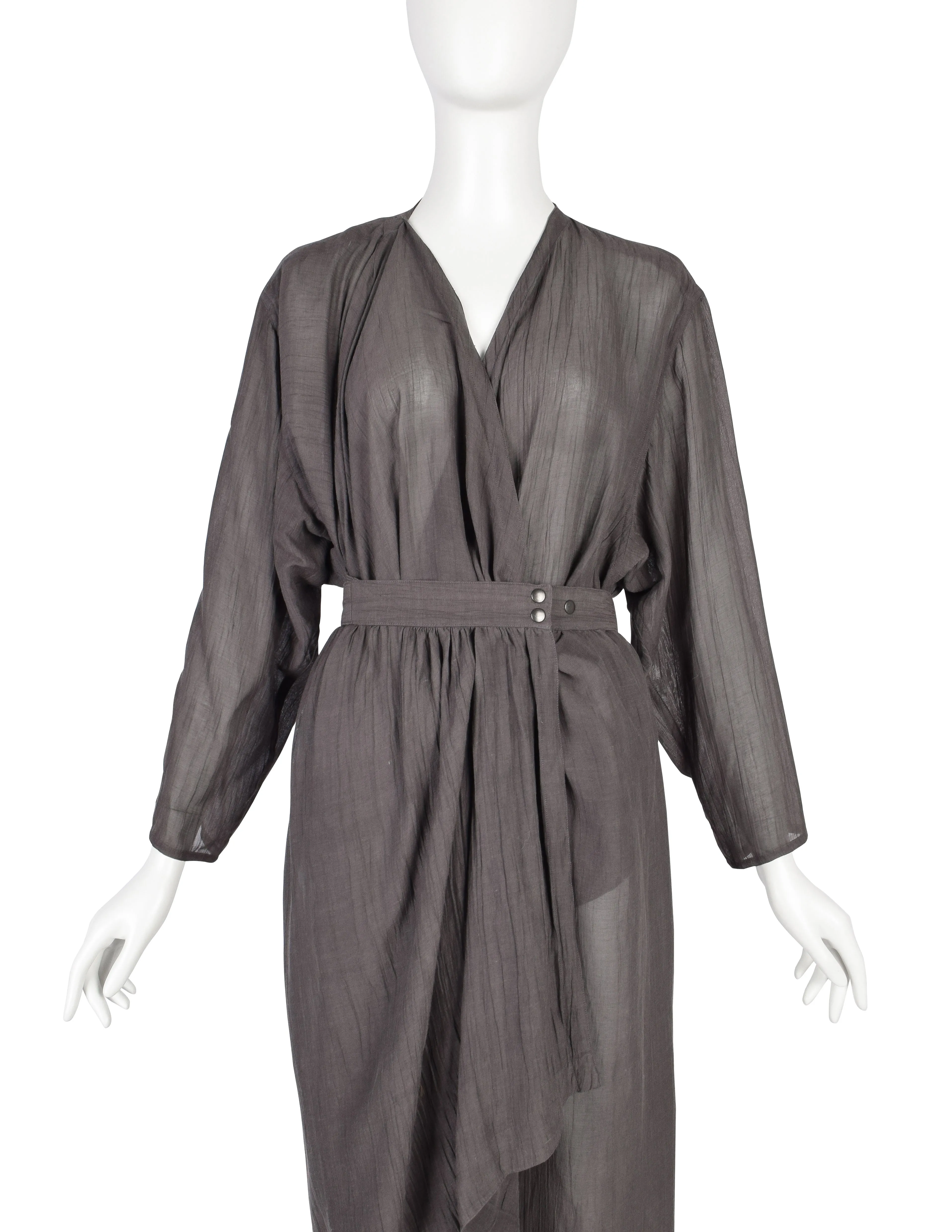 Azzedine Alaia Vintage SS 1984 Slate Grey Semi-Sheer Gauze Wrap Dress