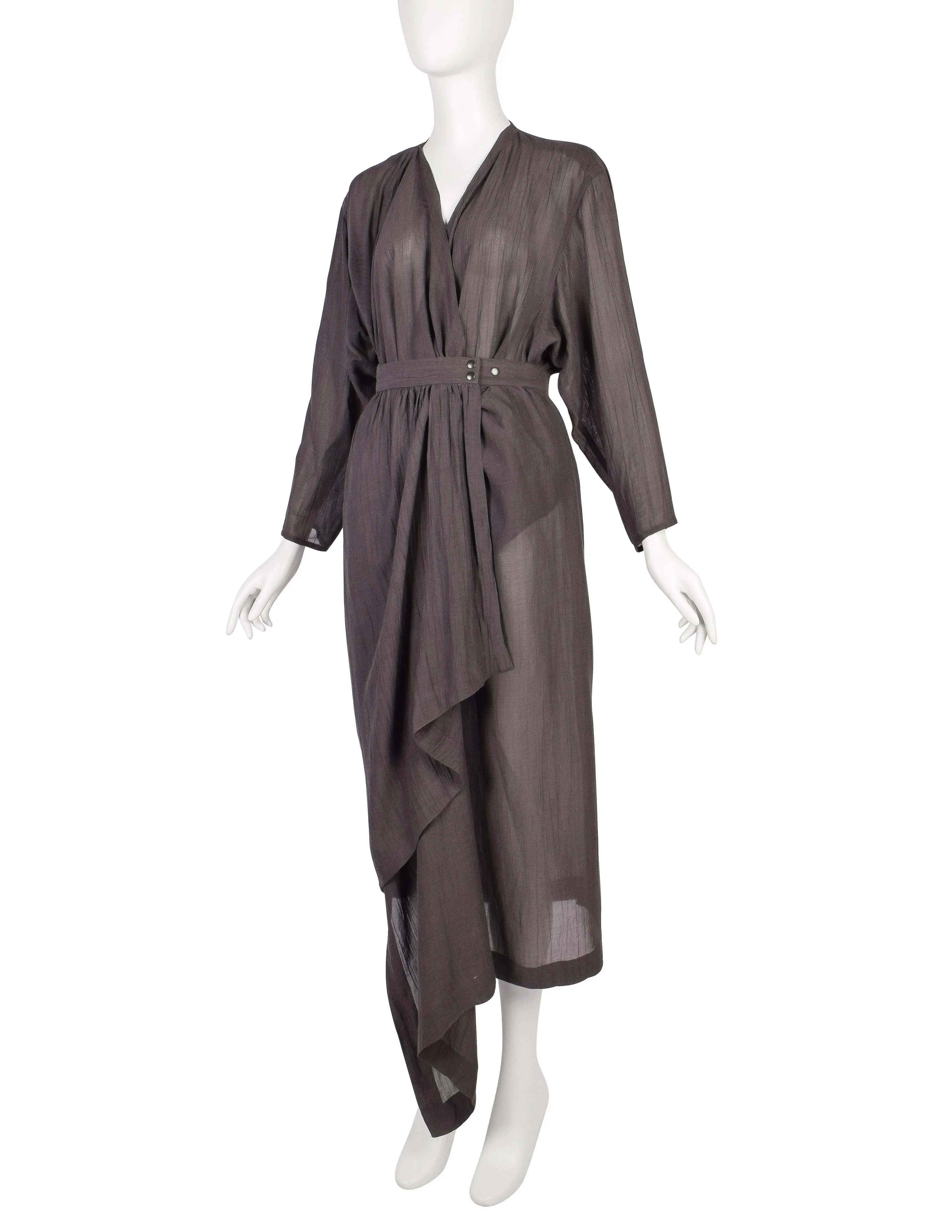 Azzedine Alaia Vintage SS 1984 Slate Grey Semi-Sheer Gauze Wrap Dress