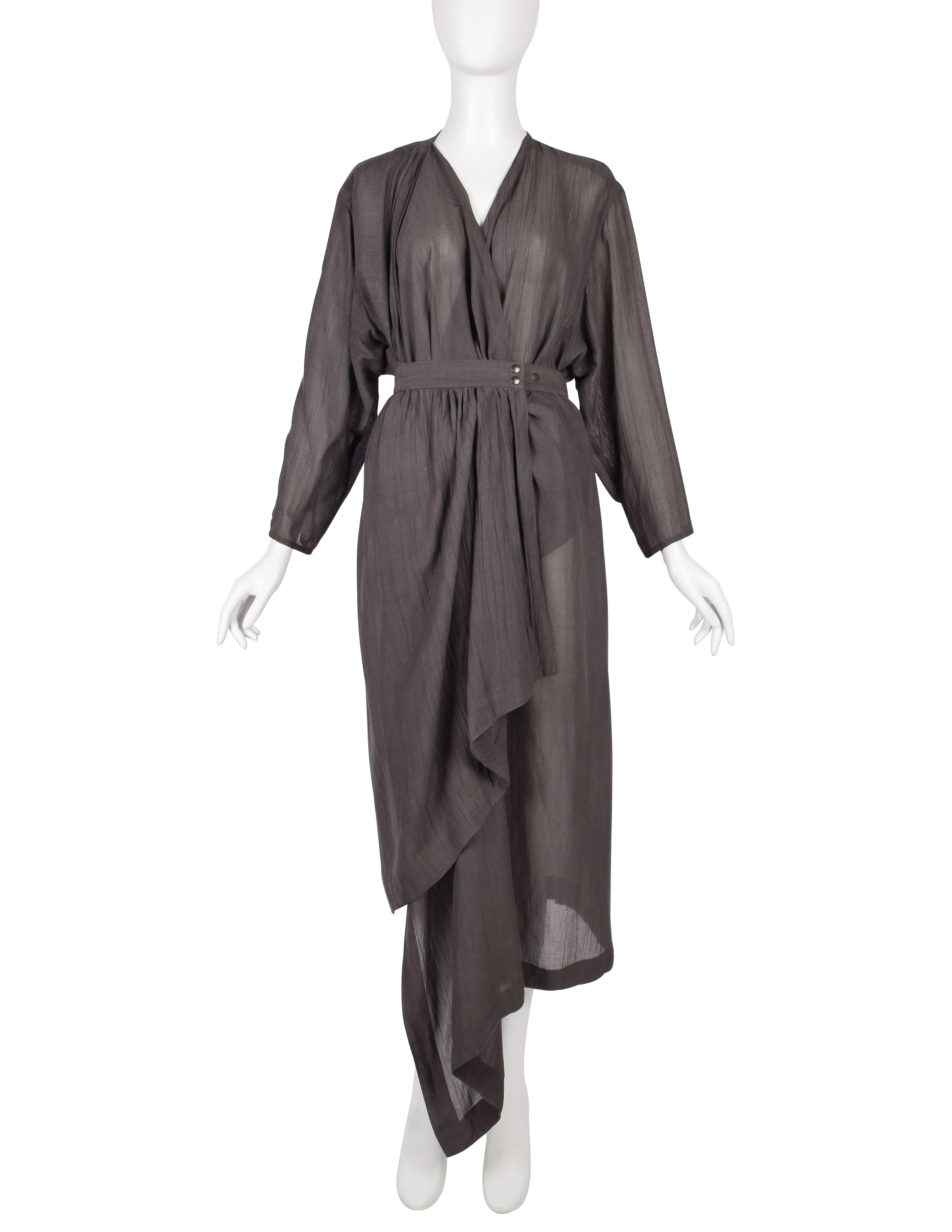 Azzedine Alaia Vintage SS 1984 Slate Grey Semi-Sheer Gauze Wrap Dress