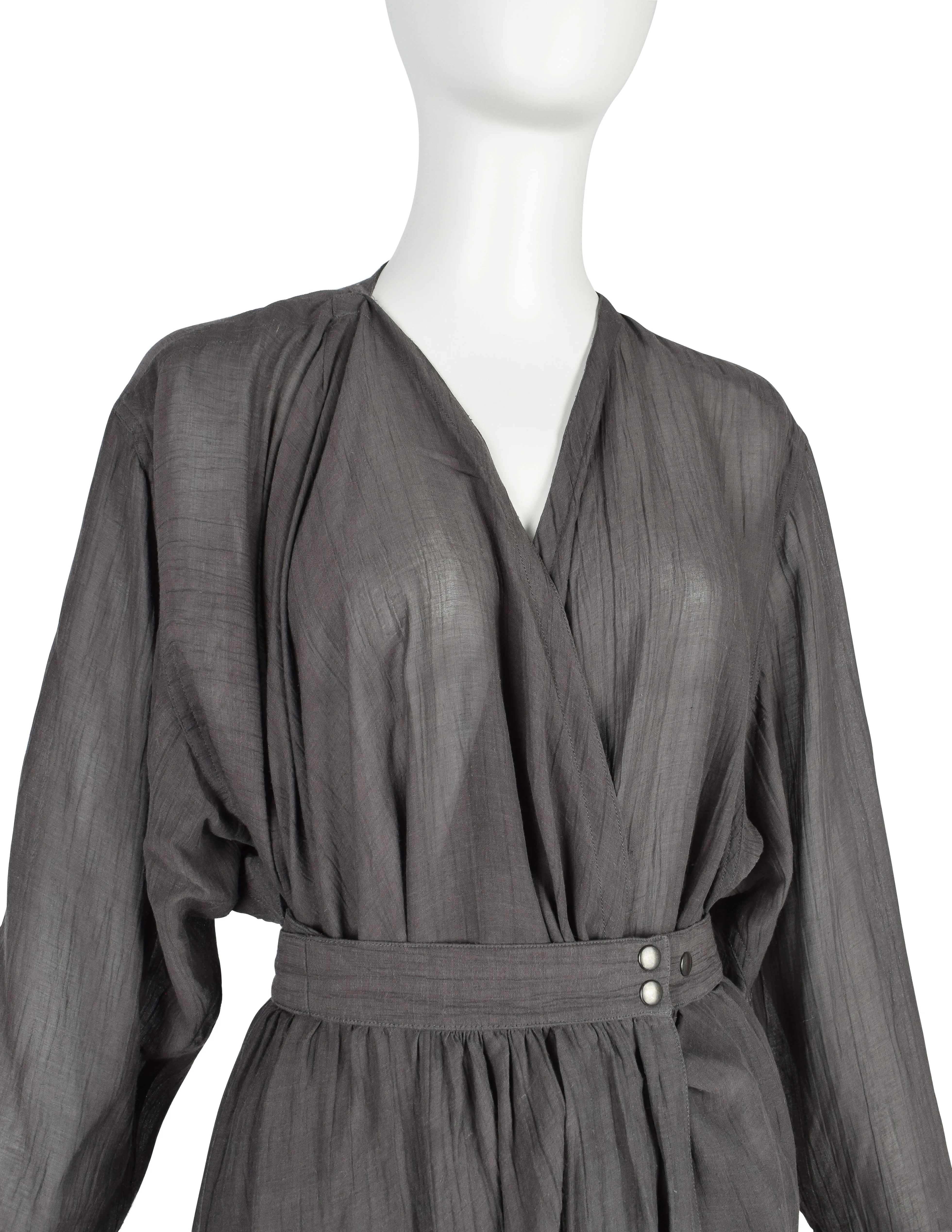 Azzedine Alaia Vintage SS 1984 Slate Grey Semi-Sheer Gauze Wrap Dress