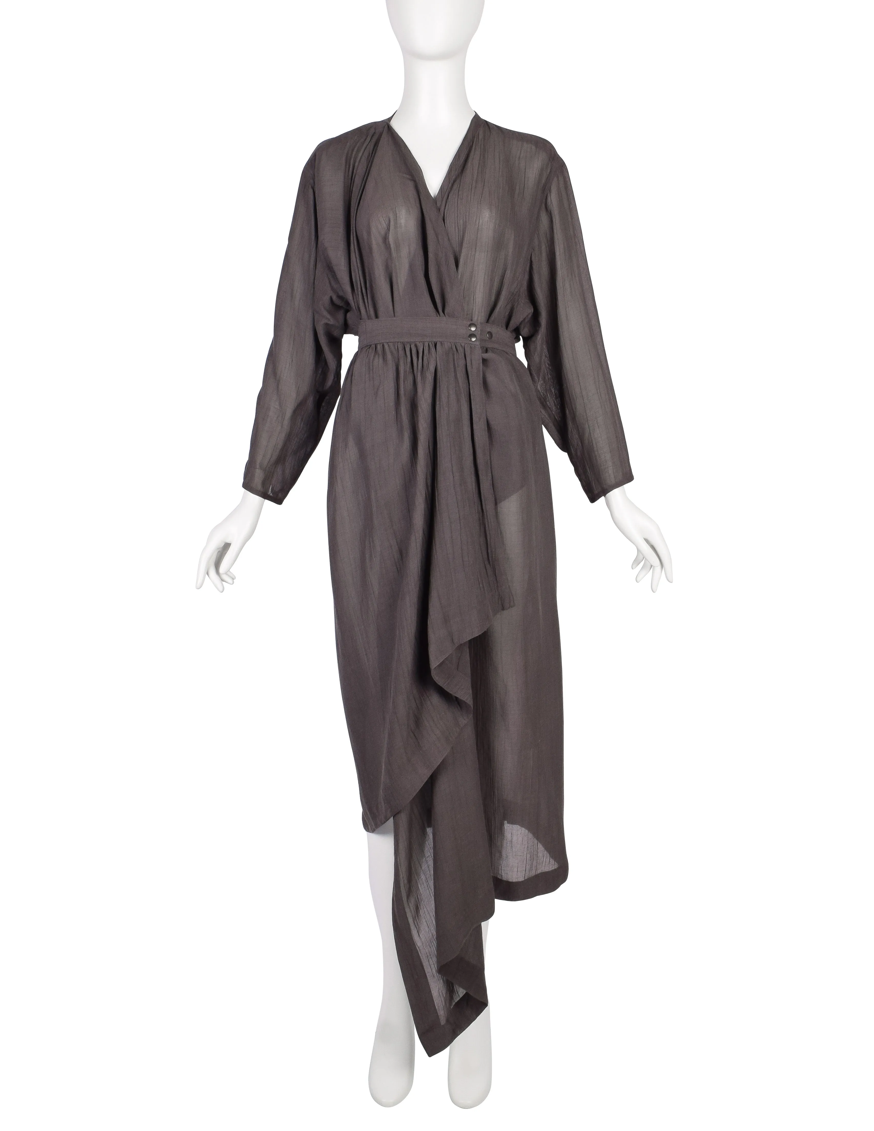 Azzedine Alaia Vintage SS 1984 Slate Grey Semi-Sheer Gauze Wrap Dress